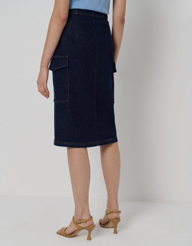 Blue midi denim skirt with side pockets