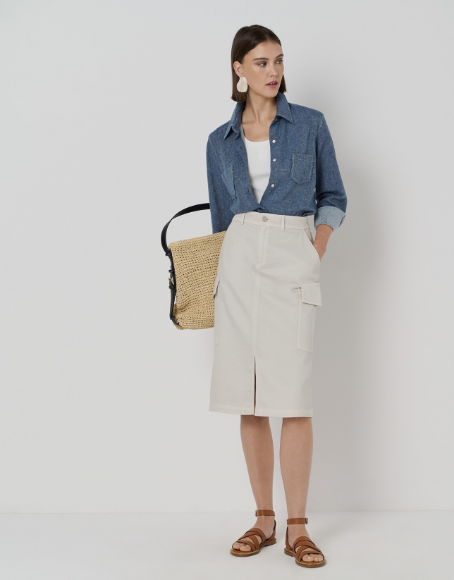 Ecru cotton twill midi skirt with side pockets