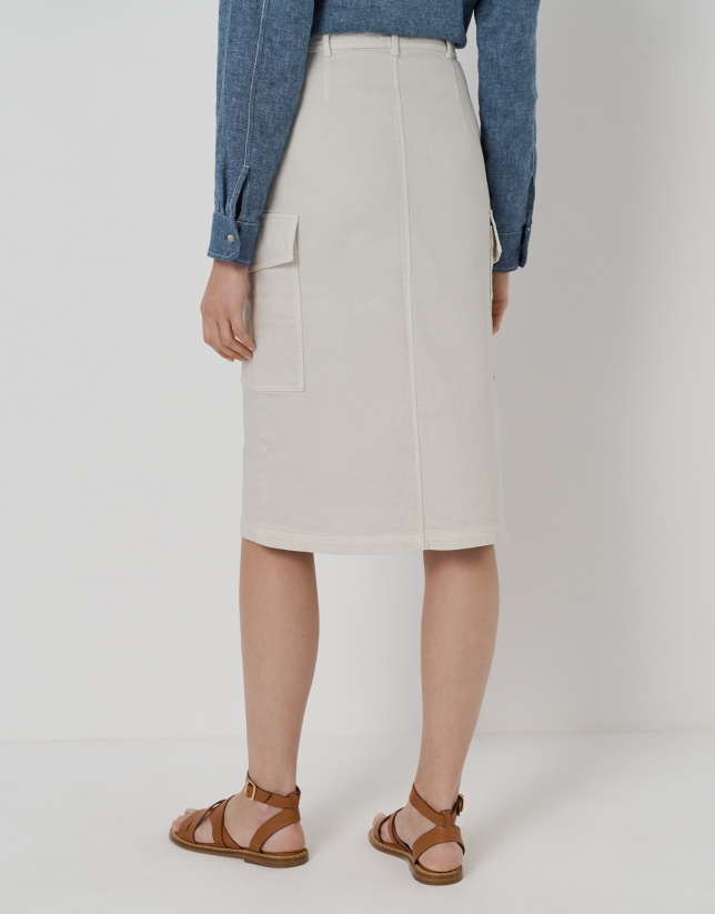 Falda midi sarga de algodón crudo con bolsillos laterales