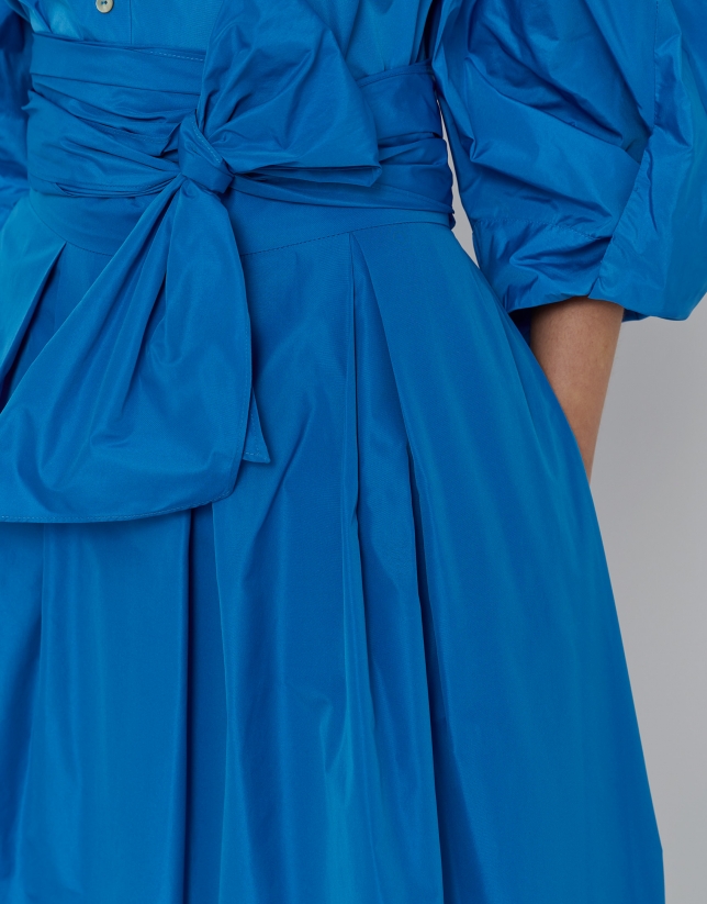 Blue taffeta midi skirt with bow