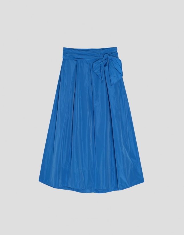 Blue taffeta midi skirt with bow