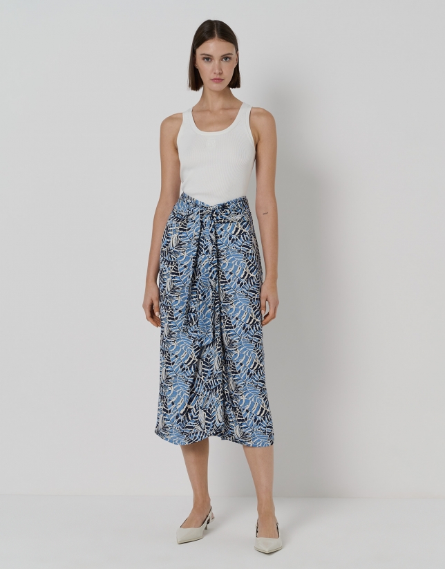 Midi skirt with tie at waist and blue leaf print