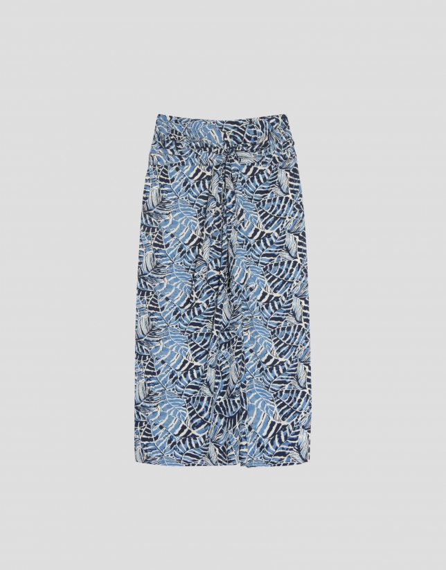 Falda midi con nudo en cintura estampado hojas azules