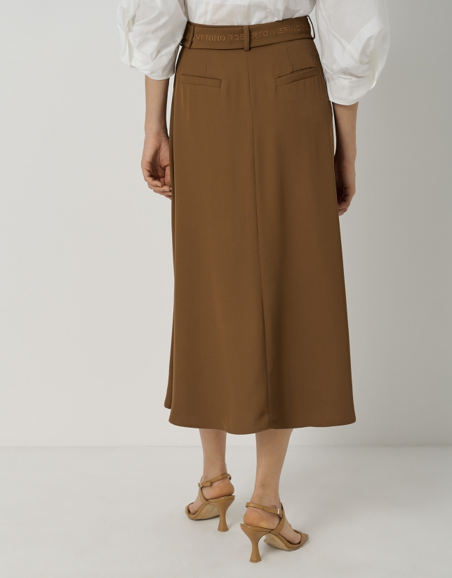 Brown midi twill flowing skirt 