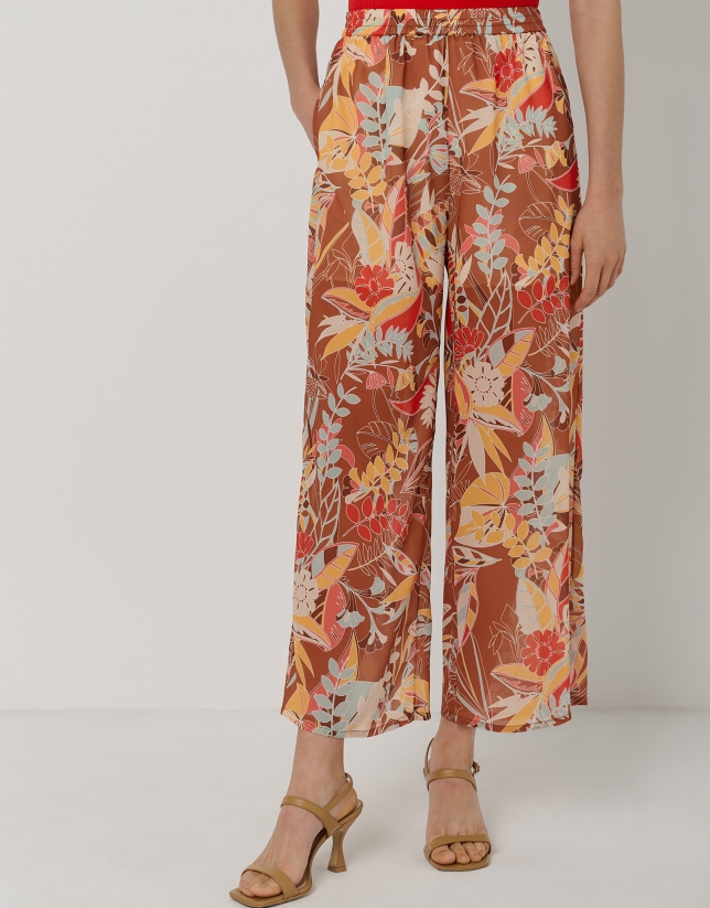 Cheesecloth palazzo pants with brown floral print