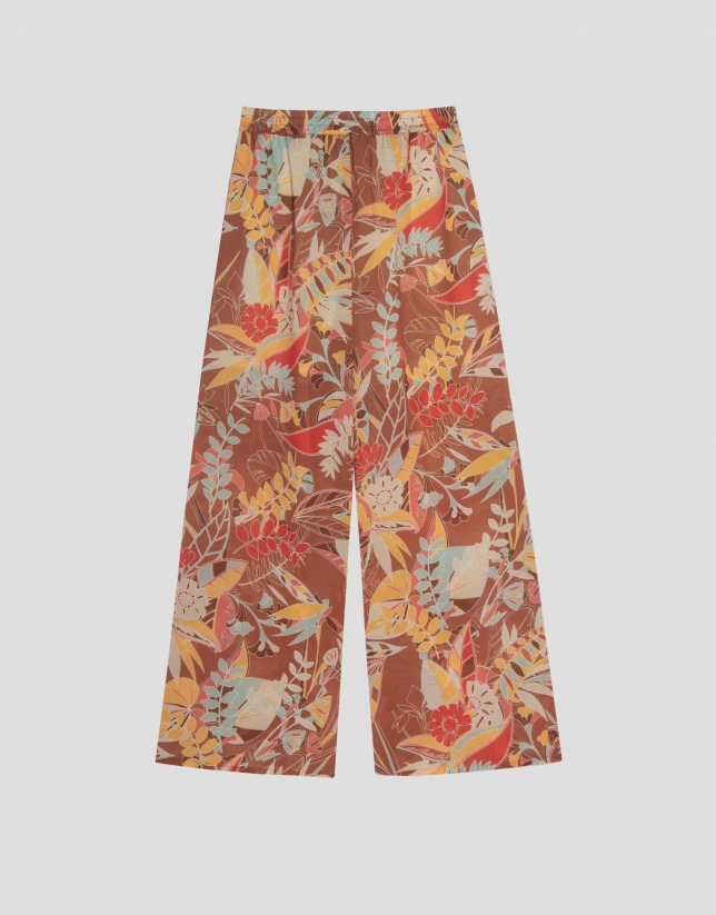 Cheesecloth palazzo pants with brown floral print