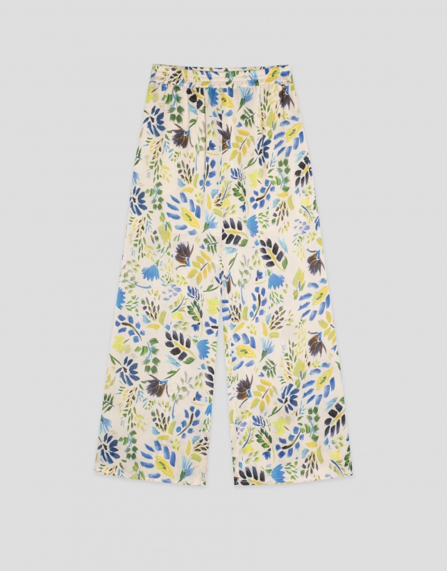 Cheesecloth palazzo pants with blue floral print