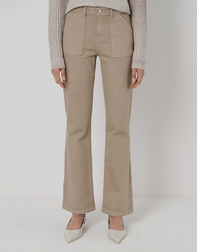 Camel cotton twill pants with patch pockets