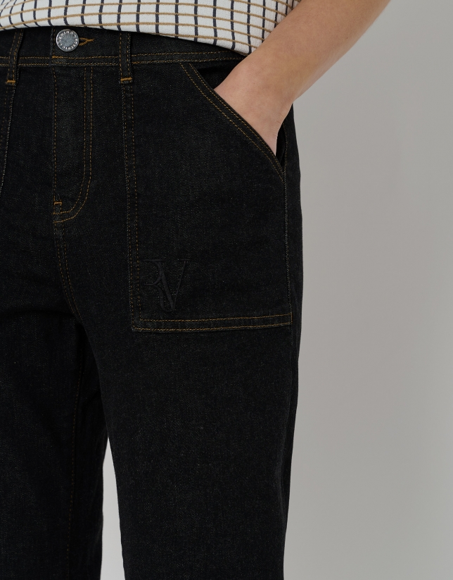 Black cotton twill pants with patch pockets
