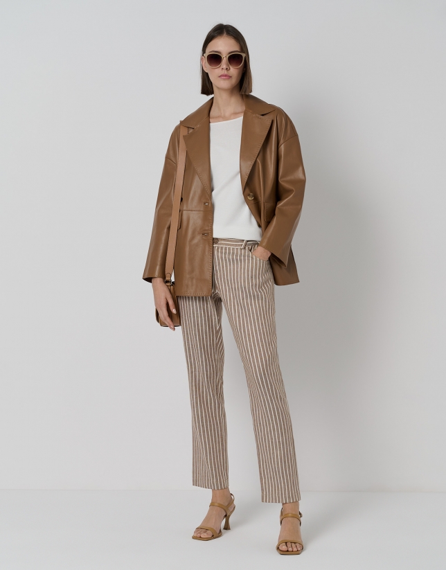 Camel and cream striped pants with five pockets
