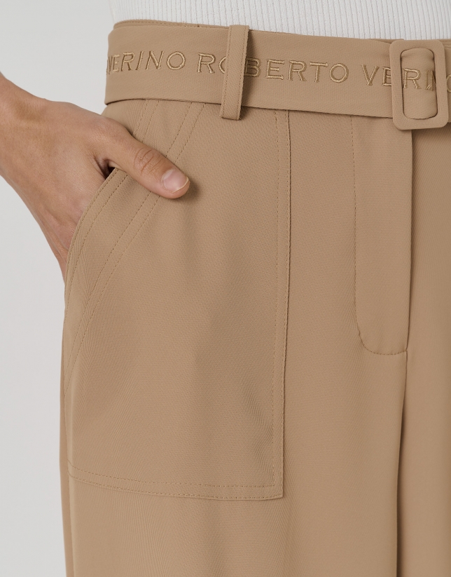 Wide camel flowing twill pants