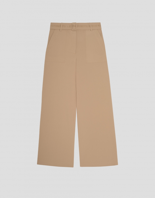 Wide camel flowing twill pants