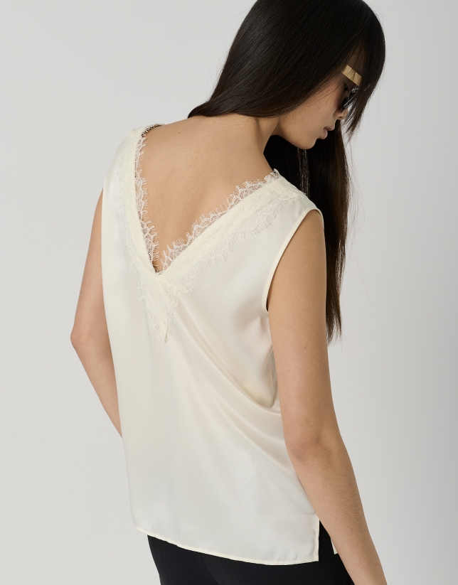 Ecru lace top with V-neck