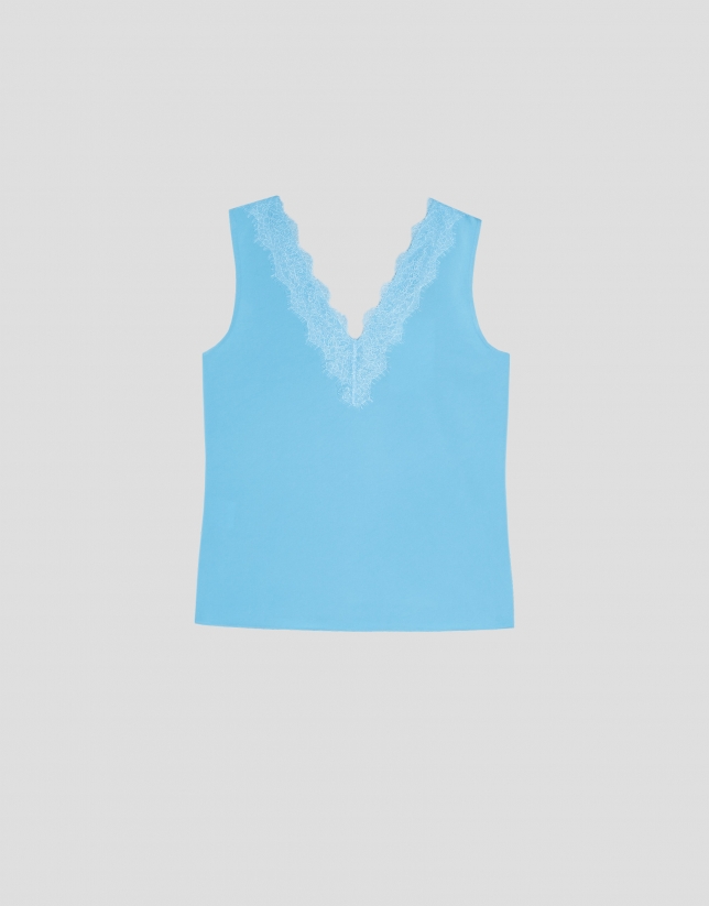 Blue satin top with lace V-neck