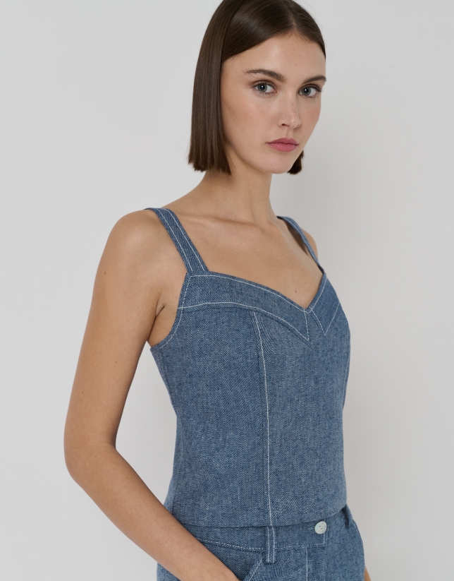 Denim-colored cotton and linen cropped top