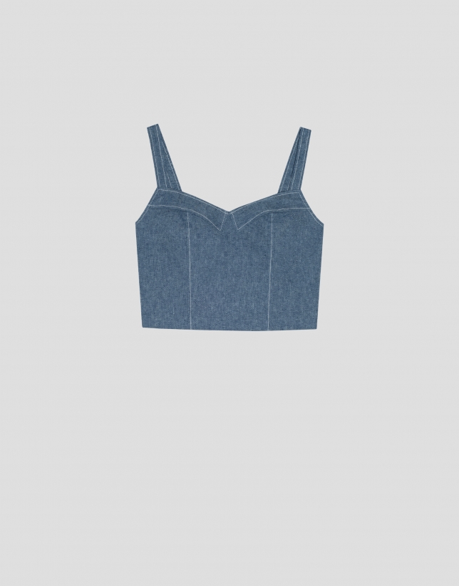 Denim-colored cotton and linen cropped top