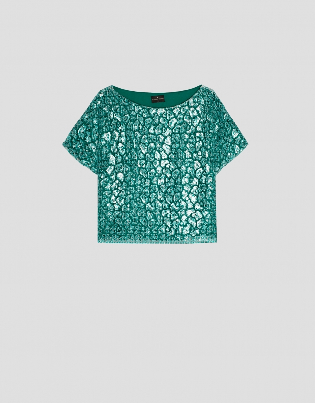 Green print oversize top with short sleeves and sequins