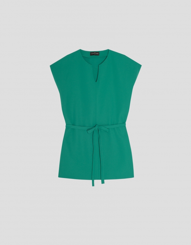 Green crepe oversize blouse with V-neck