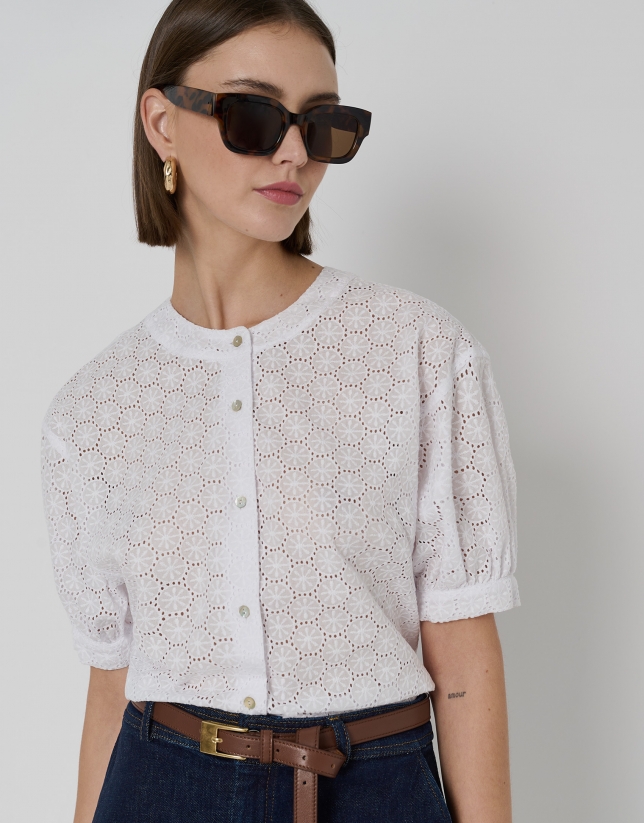 White devoré blouse with short sleeves
