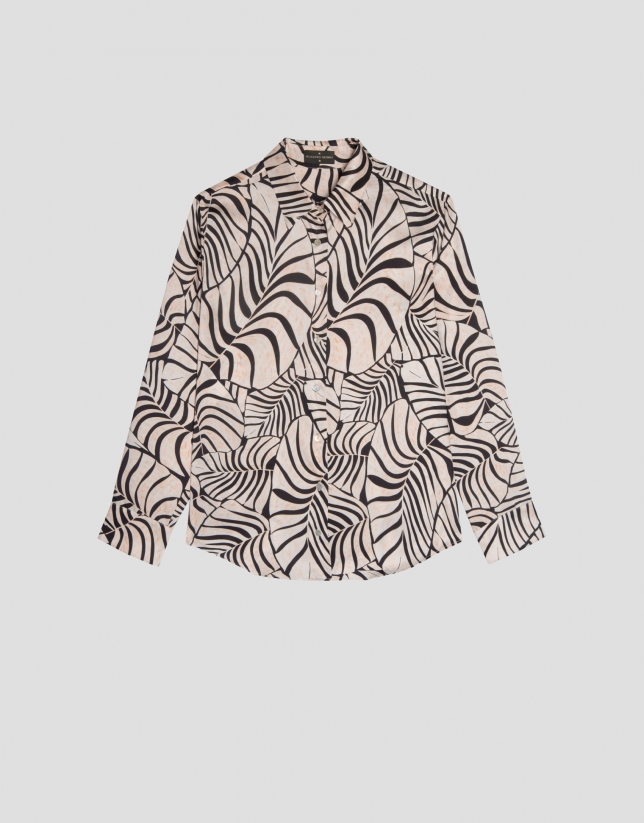 Twill shirt with black and cream leaf print