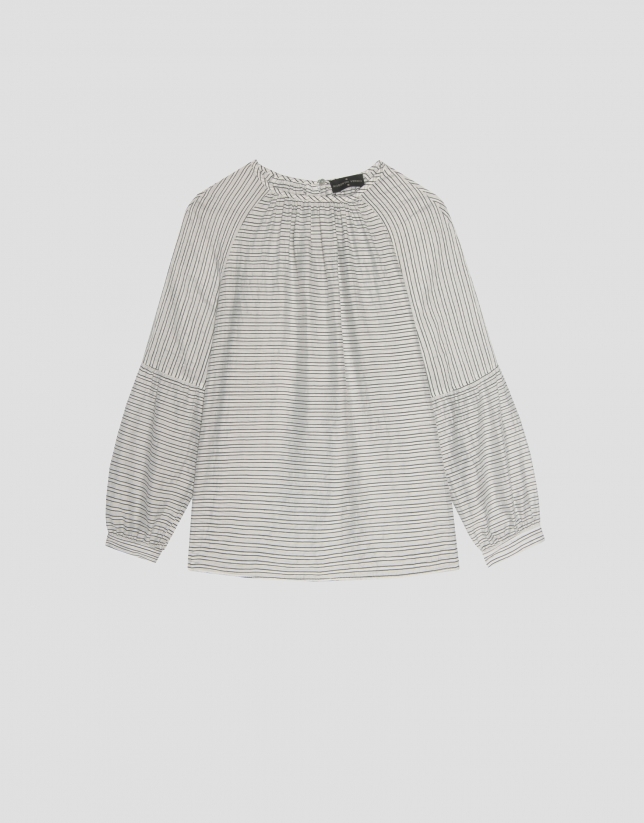 Black and white striped loose jacquard blouse with puffed sleeves