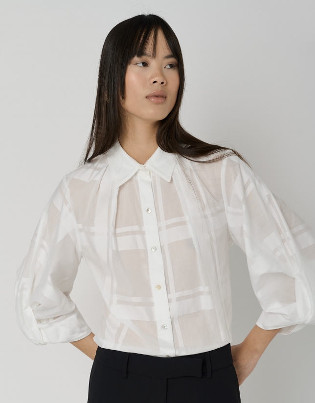 White cotton voile oversize blouse with matching checkered jacquard