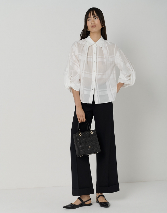 White cotton voile oversize blouse with matching checkered jacquard