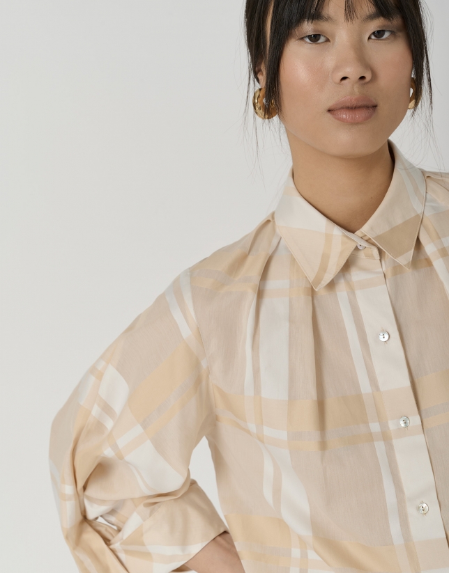 Cream cotton voile oversize blouse with matching checkered jacquard