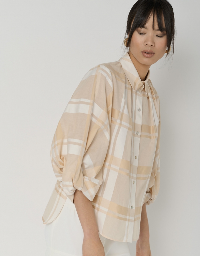 Cream cotton voile oversize blouse with matching checkered jacquard
