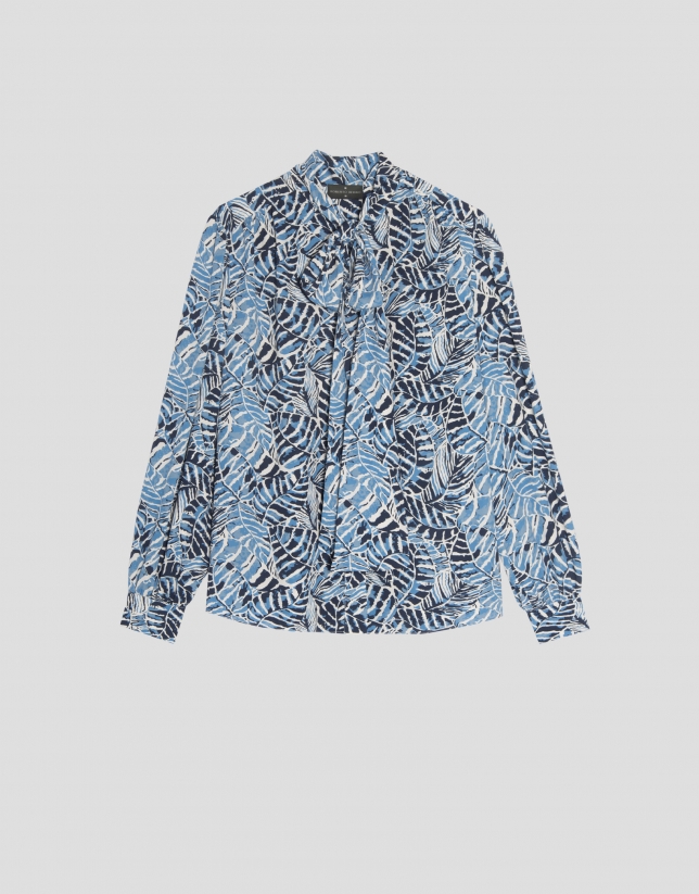 Blouse with bow and blue leaf print