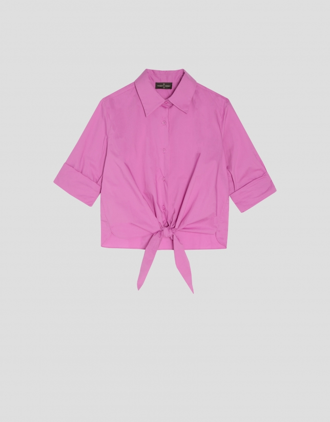 Pink cotton voile blouse with tie