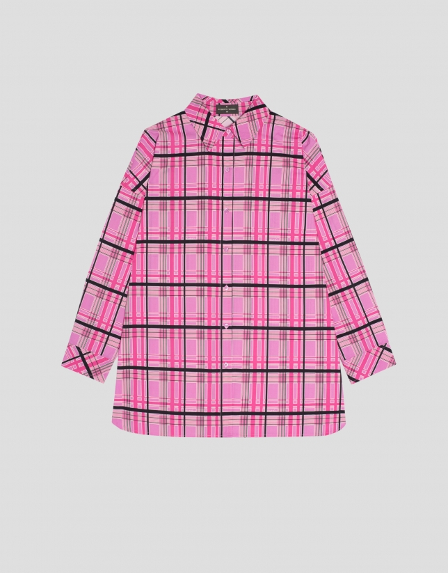 Oversize cotton voile shirt with pink checkered print