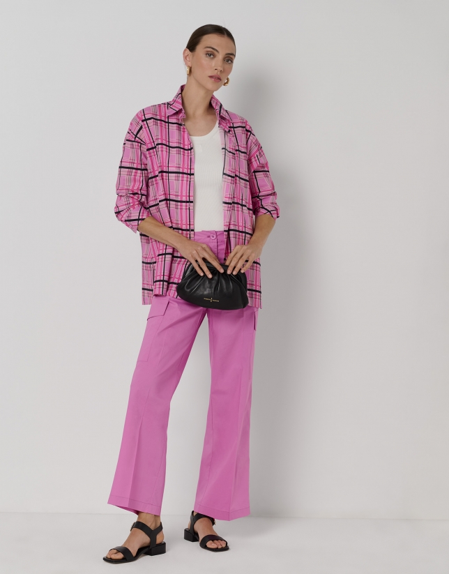 Camisa oversize en un voile de algodón estampado cuadros rosa