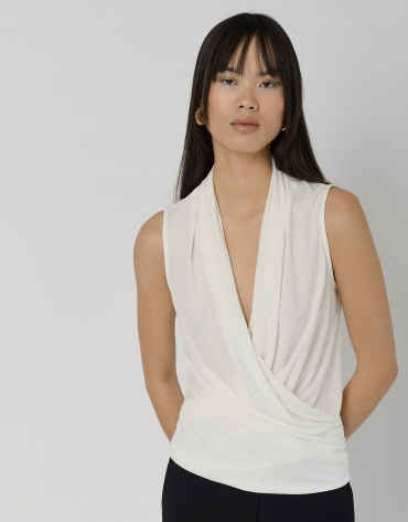 White knit top with draped collar