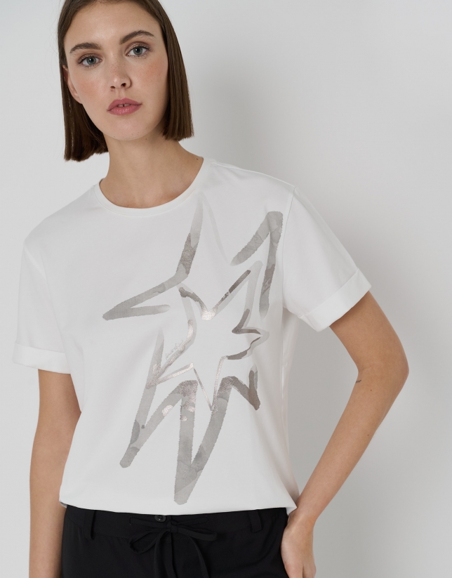 Camiseta oversize blanca print estrellas plata