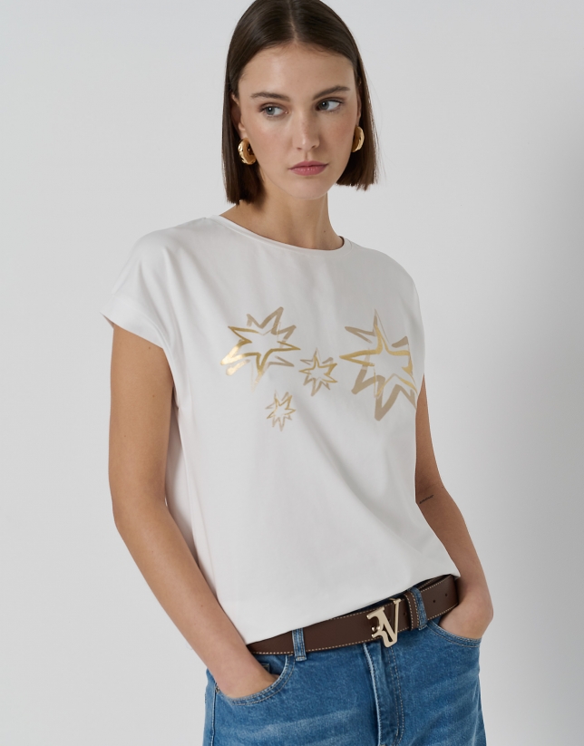 White oversize sleeveless top with print of gold stars