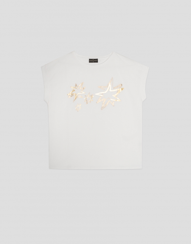 White oversize sleeveless top with print of gold stars