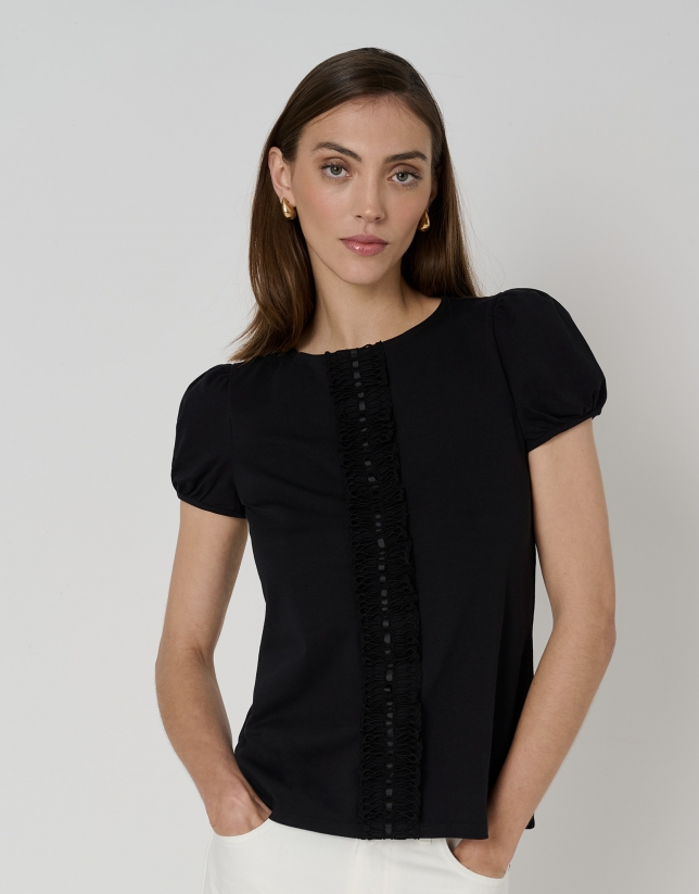 Black cotton top with round neckline and lace