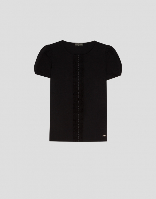 Camiseta escote redondo algodón negro y encaje