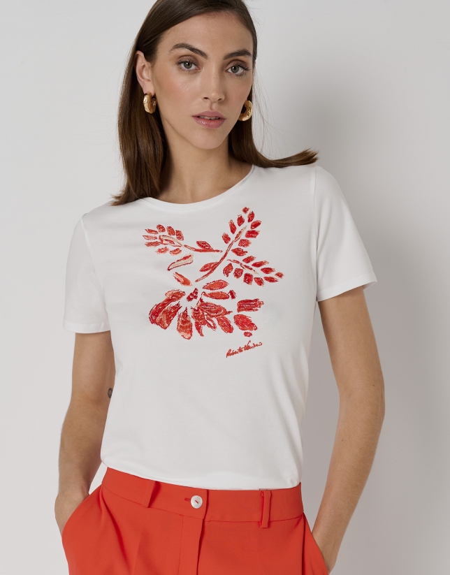 White cotton top with embroidered red flowers
