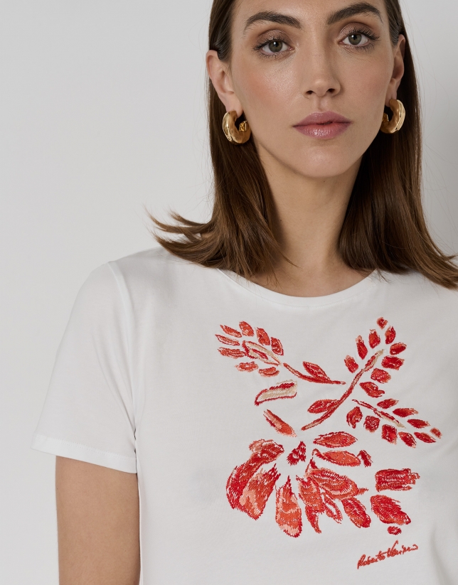 White cotton top with embroidered red flowers