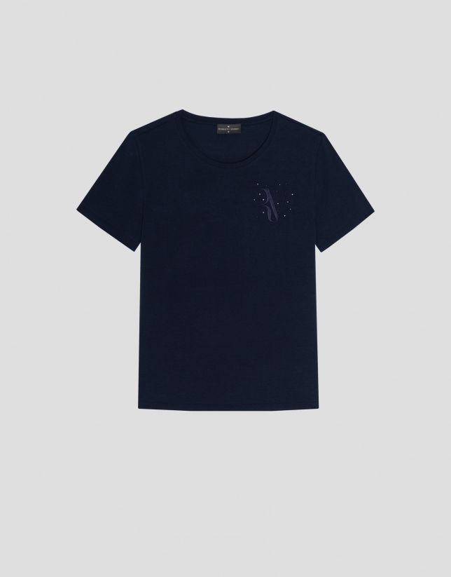 Blue cotton top with short sleeves and embroidered RV logo