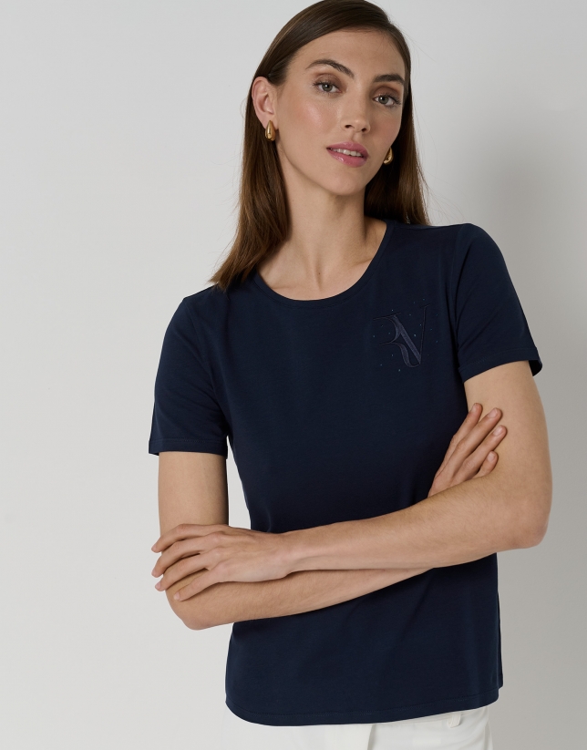 Camiseta manga corta algodón azul con logo bordado