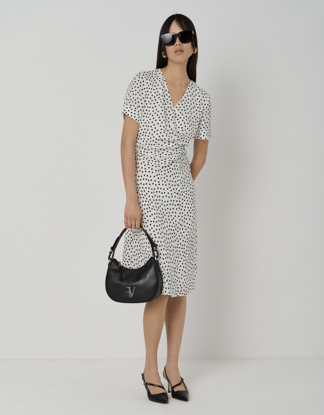 Black and white dotted midi dress with puckered waist