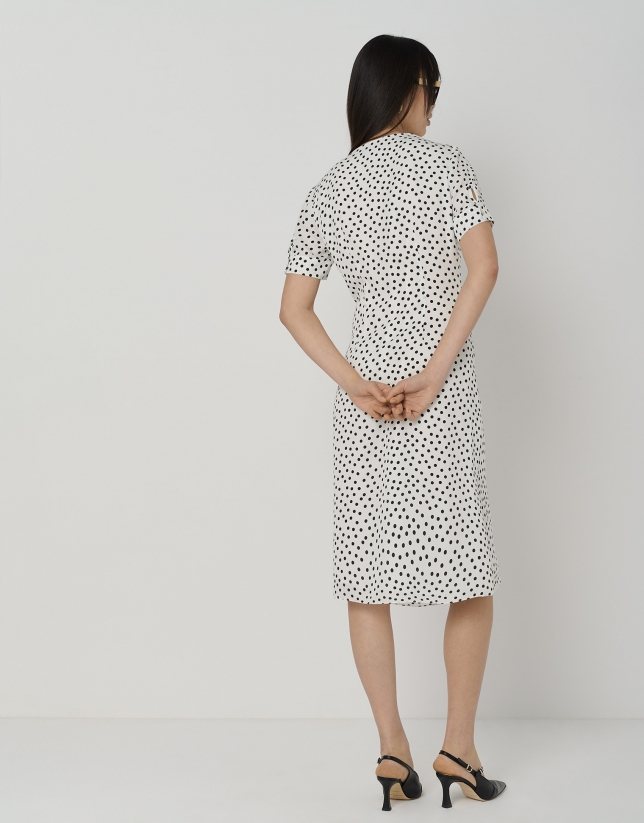Black and white dotted midi dress with puckered waist