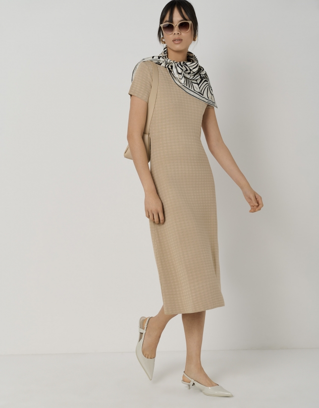 Cream-colored midi jacquard knit dress with checkered print