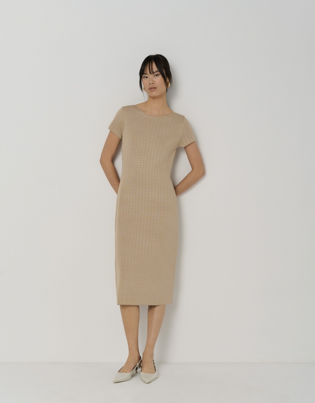Cream-colored midi jacquard knit dress with checkered print