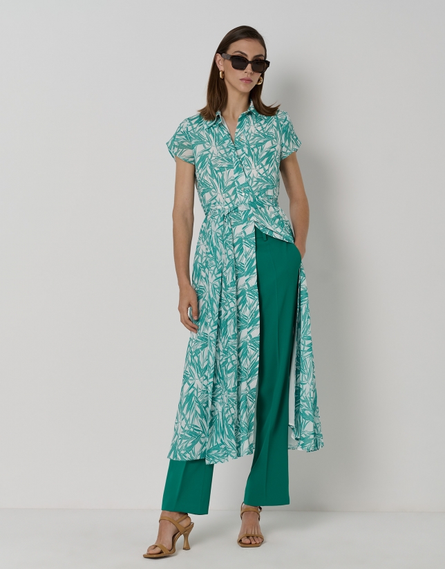 Green midi shirtwaist cheesecloth dress with bamboo print