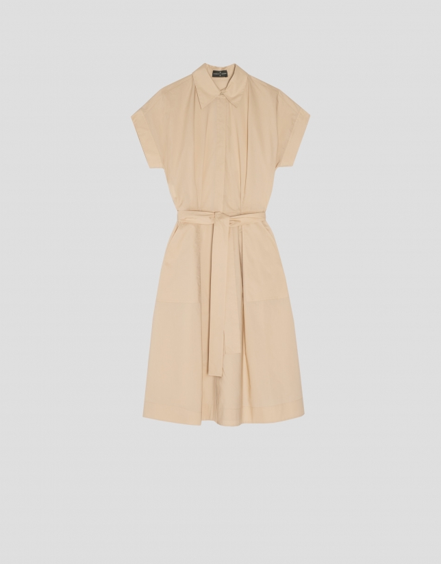 Sand-coloured midi shirtwaist dress