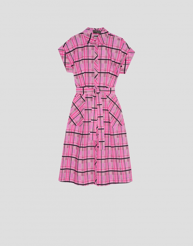 Midi cotton voile shirtwaist dress with pink checkered print
